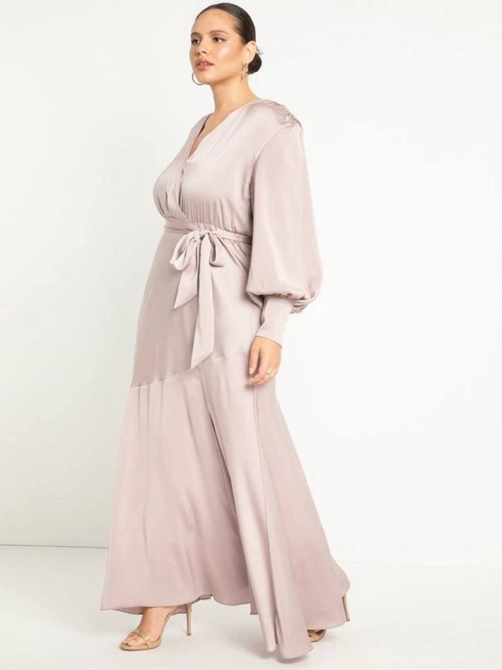 NWT Eloquii Satin Wrap Midi Dress Size 18 Blush Long Sleeve Tie Waist Plus Size